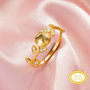 Round Pin Ring Settings For Half Drilled Pearl Bead,Solid 14K 18K Gold Ring For Half Drilled Beads,Tree Branch Leaf Ring,DIY Ring Supplies 1215104