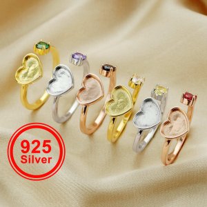 8MM Heart Breast Milk Keepsake Resin Ring Settings,Solid 925 Sterling Silver Rose Gold Plated Ring,4MM Round Birthstone Bezel Adjustable Ring 1294510