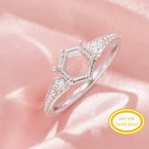 Hexagon Prong Ring Settings,Vintage Styles Solid 14K 18K Gold Ring,Dainty Art Deco Ring,DIY Ring Supplies 1294978