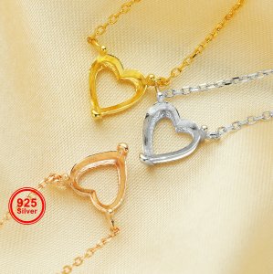 8MM Heart Prong Pendant Settings,Simple Heart Necklace,Solid 925 Sterling Silver Necklace,DIY Jewelry With Necklace Chain 16\'\'+2\'\' 1431210