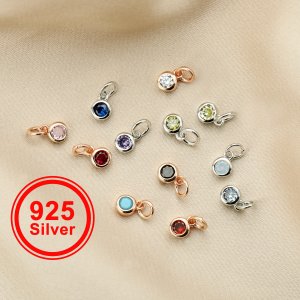 4MM Round Birthstone Charm,Solid 925 Sterling Silver Color Stone Pendant Charm,Simulated Color Gemstone DIY Supplies Charm 1411313