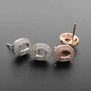 1Pair Multiple Sizes Oval Solid 925 Sterling Silver Rose Gold Tone DIY Prong Studs Earrings Settings Bezel With Cubic Zirconia 1706025