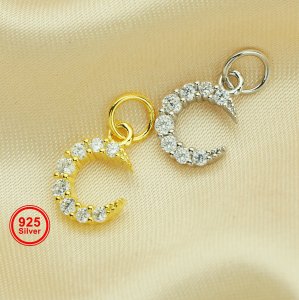 8MM Pave CZ Stone Moon Charm,Solid 925 Sterling Silver Gold Plated Pendant Charm,DIY Pendant Charm Supplies 1431193