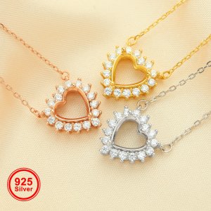 8MM Halo Heart Bezel Pave Pendant Settings Solid 925 Sterling Sliver DIY Gemstone Supplies Charm Tray Necklace Chain 15\'\'+1.7\'\' 1320025