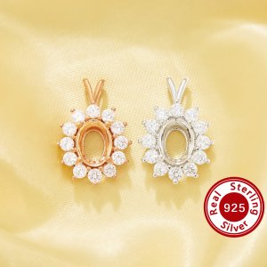 6x8MM Halo Oval prongss Pendant Settings,Flower Solid 925 Sterling Silver Rose Gold Plated Charm,Vintage Styles Pendant Charm,DIY Pendant Supplies 1421277