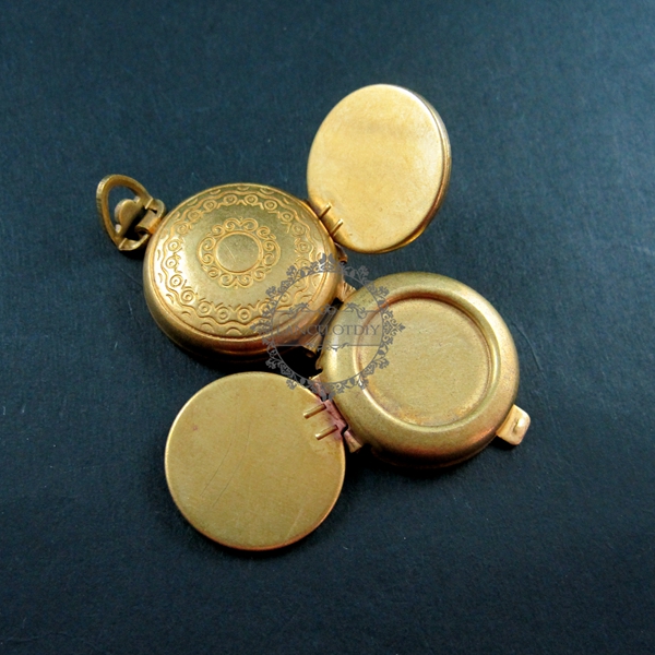 5pcs 16mm round bezel tray setting flower engraved raw brass vintage style folding photo locket pendant charm 1110022 - Click Image to Close