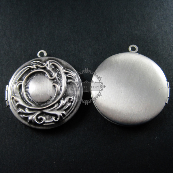 5pcs 33mm flower engraved round vintage brass antiqued silver photo locket pendant charm DIY supplies findings 1113009 - Click Image to Close