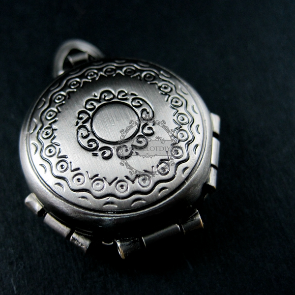 5pcs 16mm round bezel tray setting flower engraved brass antiqued silver vintage style fold photo locket pendant charm 1113013 - Click Image to Close