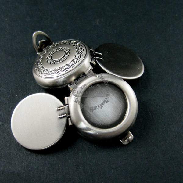 5pcs 16mm round bezel tray setting flower engraved brass antiqued silver vintage style fold photo locket pendant charm 1113013 - Click Image to Close