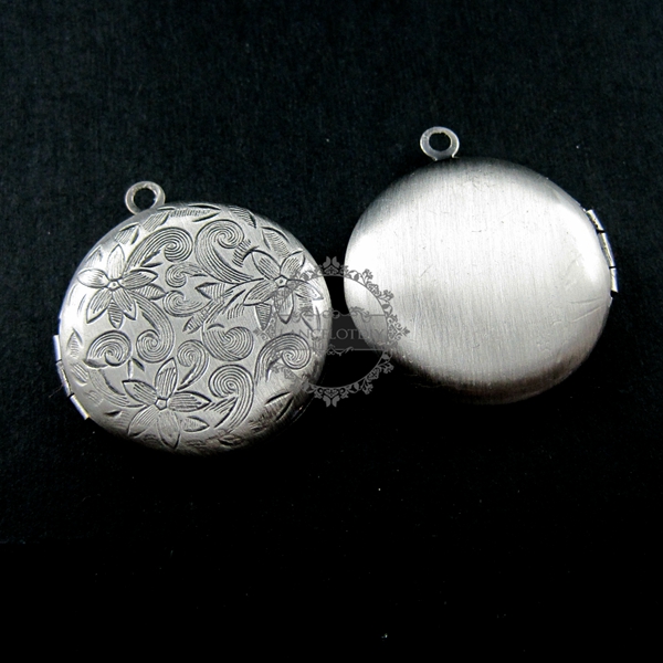 5pcs 27mm vintage style antiqued silver flower engraved round photo locket pendant charm DIY supplies 1113020 - Click Image to Close