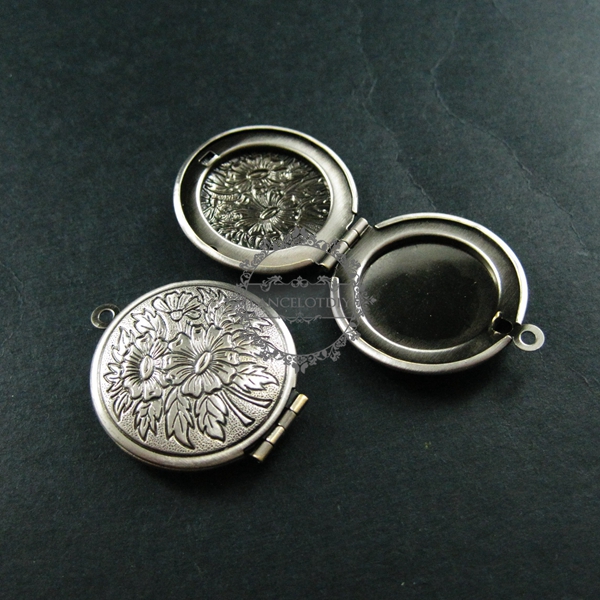 5pcs 27mm vintage style antiqued silver flower photo locket pendant charm DIY supplies 1113026 - Click Image to Close