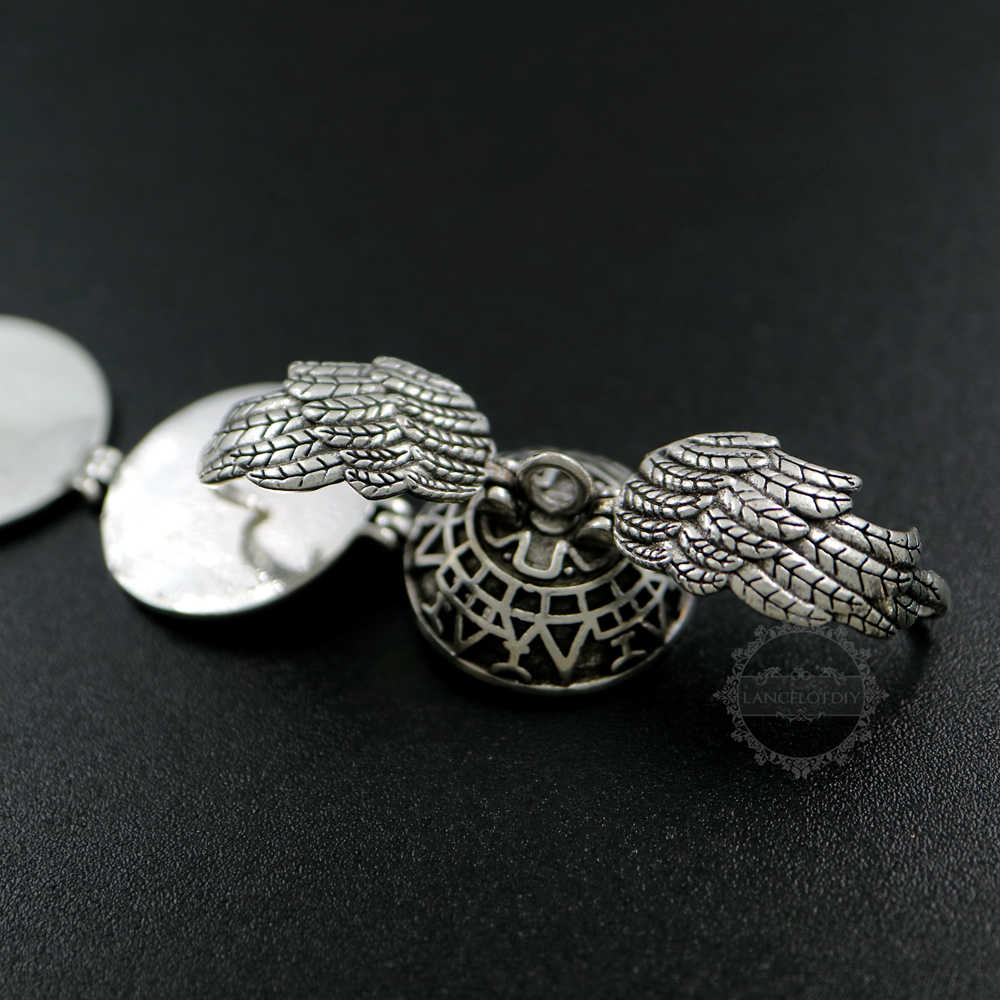 5pcs 25mm vintage style antiqued silver angel wing four fold round ball photo locket pendant charm DIY supplies 1113031 - Click Image to Close