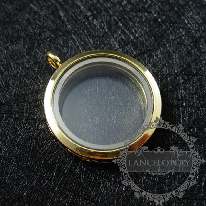5pcs 30mm light gold plated style alloy round photo locket glass charm floating pendant charm 1116007 - Click Image to Close