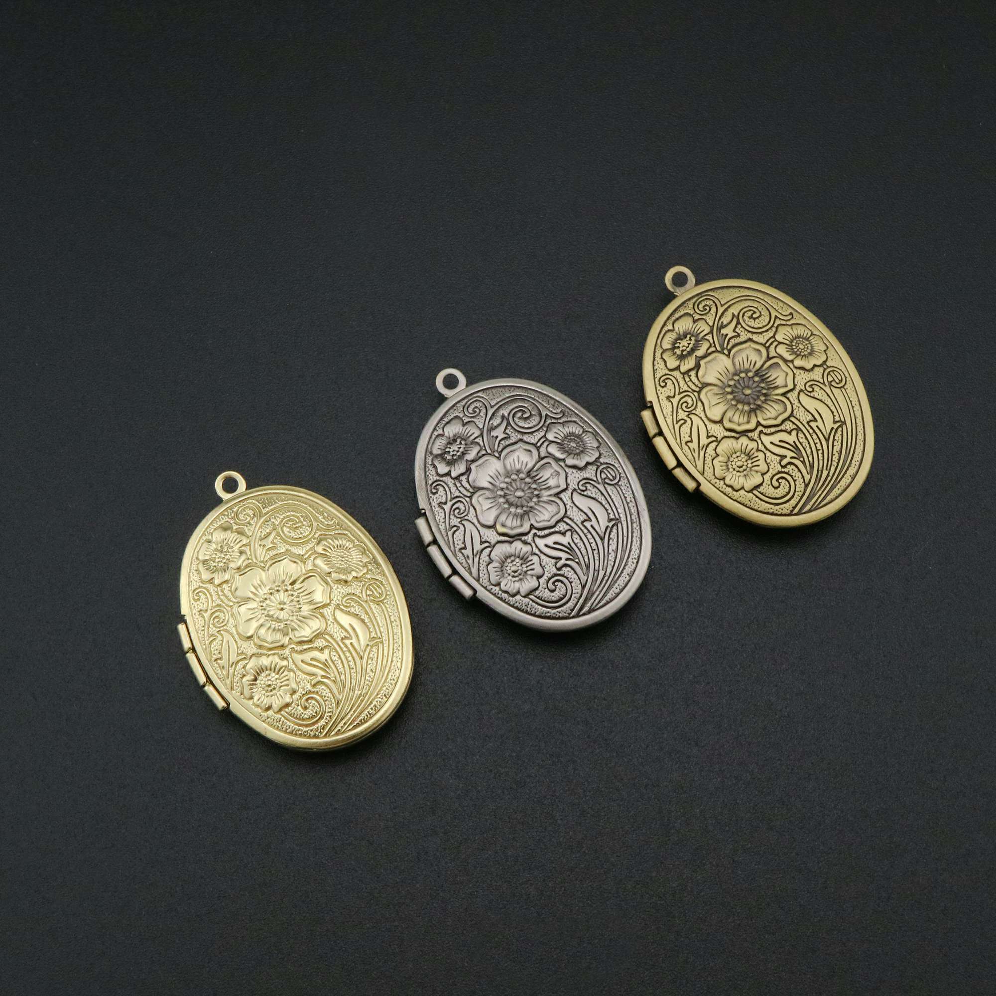 5Pcs 23x29mm brass antiqued silver,bronze,silver flower engraved vintage oval photo locket pendant charm supplies 1121052 - Click Image to Close