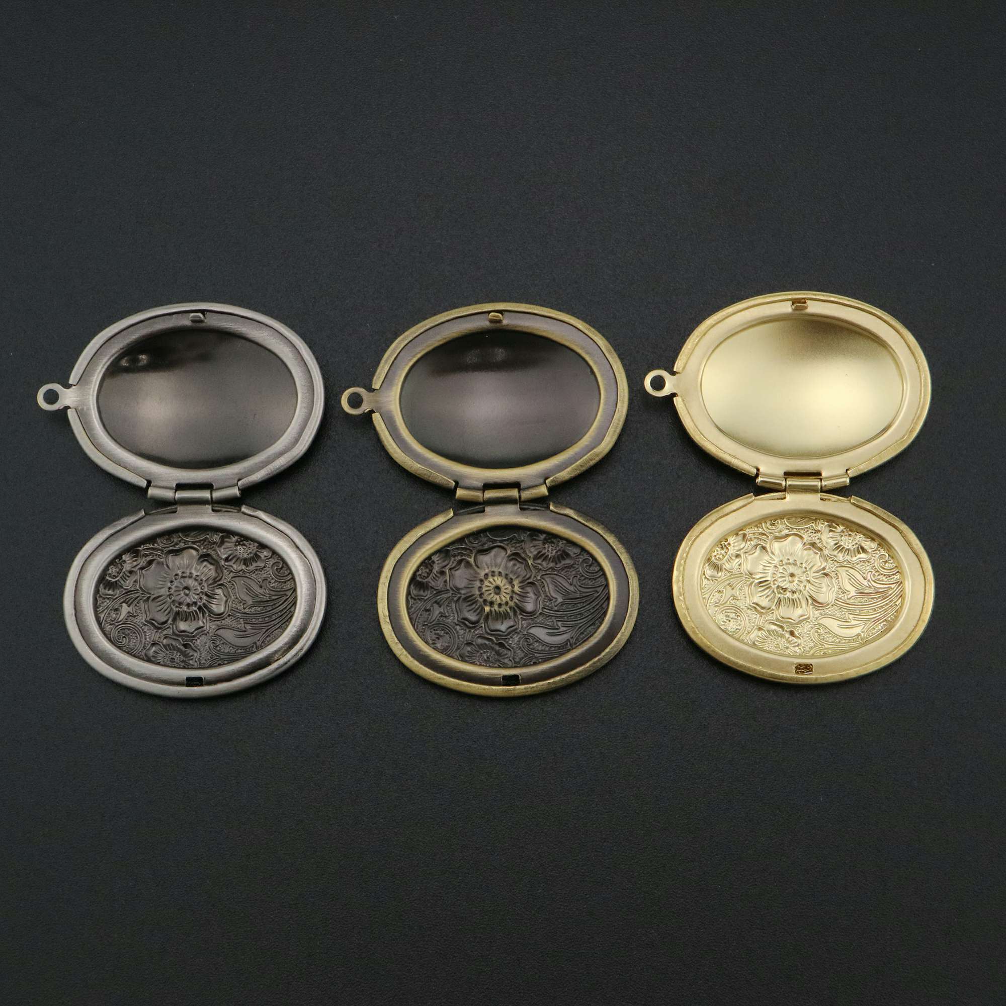 5Pcs 23x29mm brass antiqued silver,bronze,silver flower engraved vintage oval photo locket pendant charm supplies 1121052 - Click Image to Close