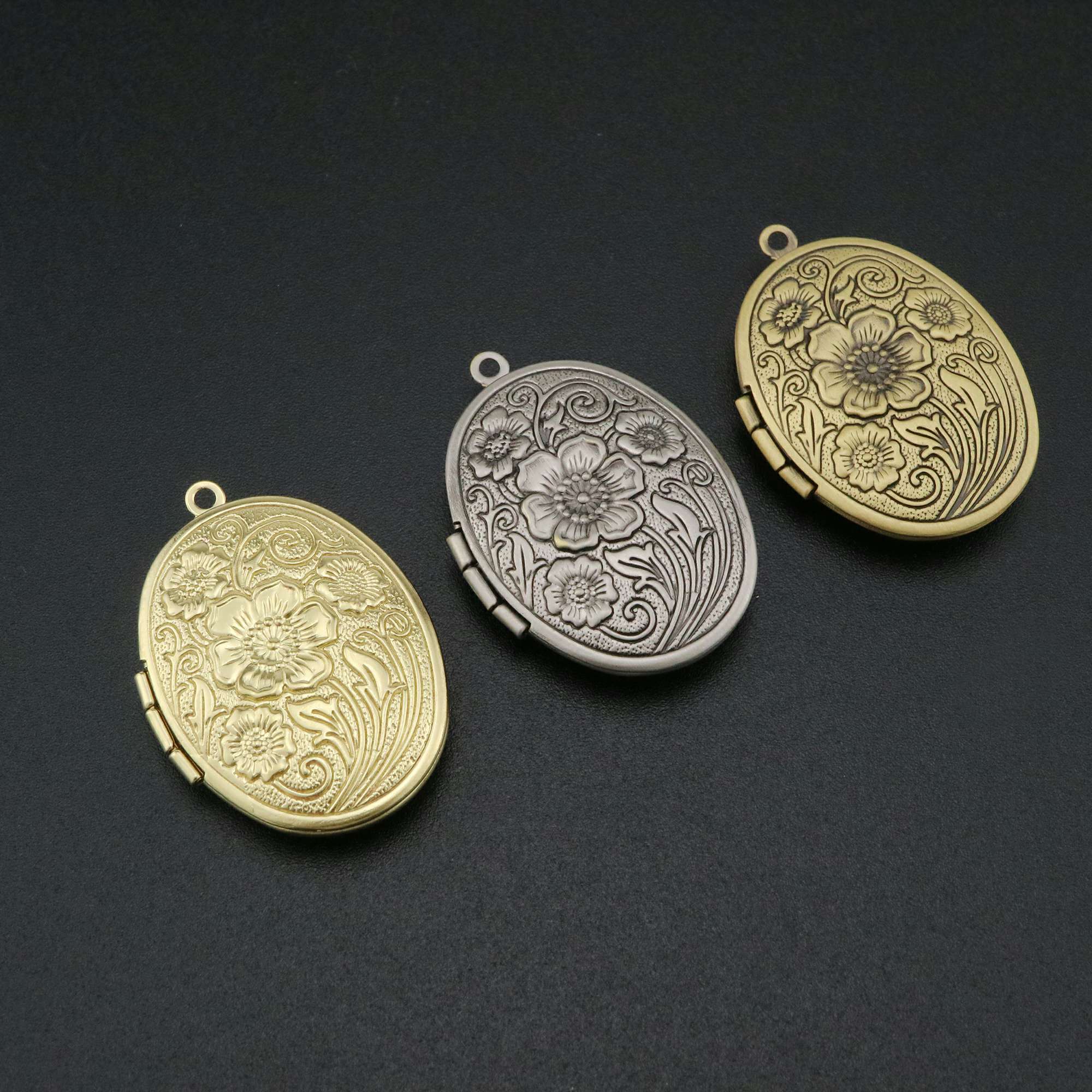 5Pcs 23x29mm brass antiqued silver,bronze,silver flower engraved vintage oval photo locket pendant charm supplies 1121052 - Click Image to Close
