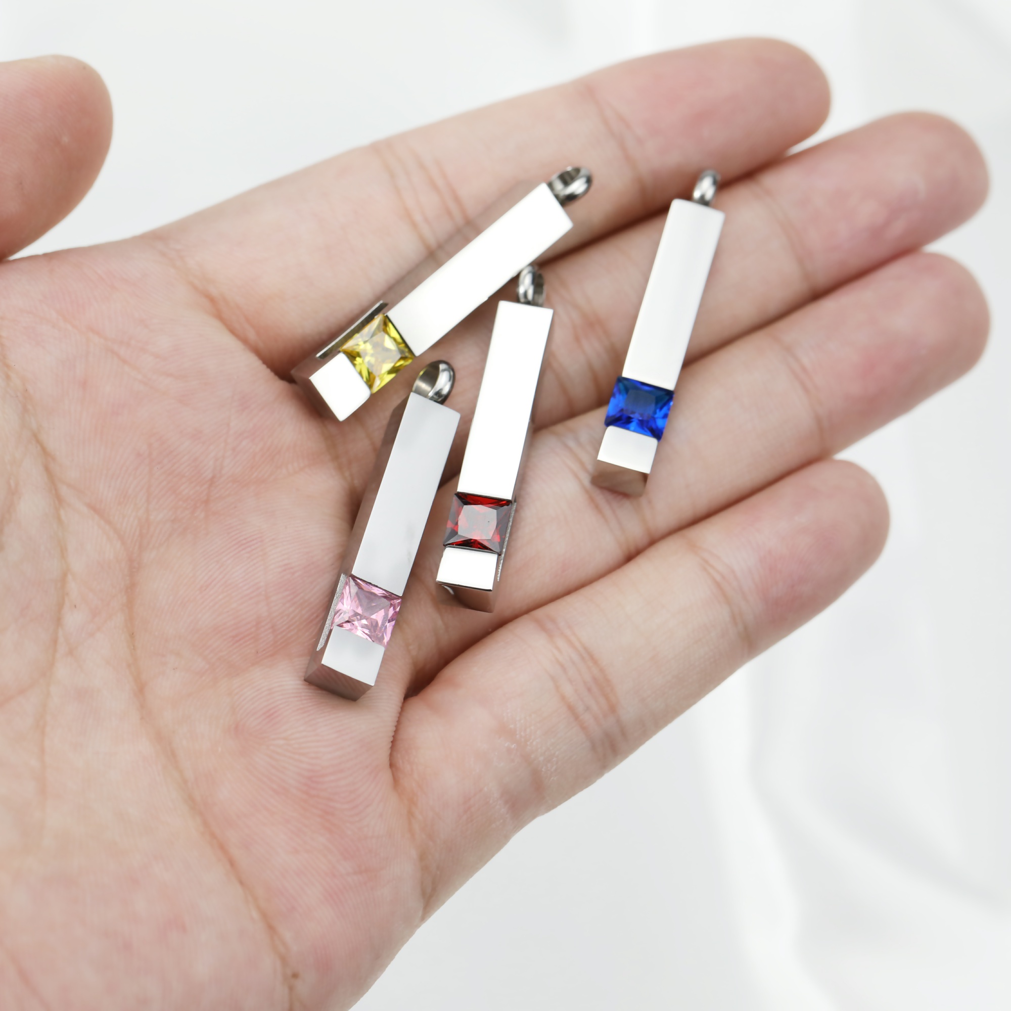 Keepsake Ash Canister Cremation Urn Set Color CZ Stone Birthstone Stick Stainless Steel Wish Vial Pendant Prayer Box 6x38MM 1190037 - Click Image to Close