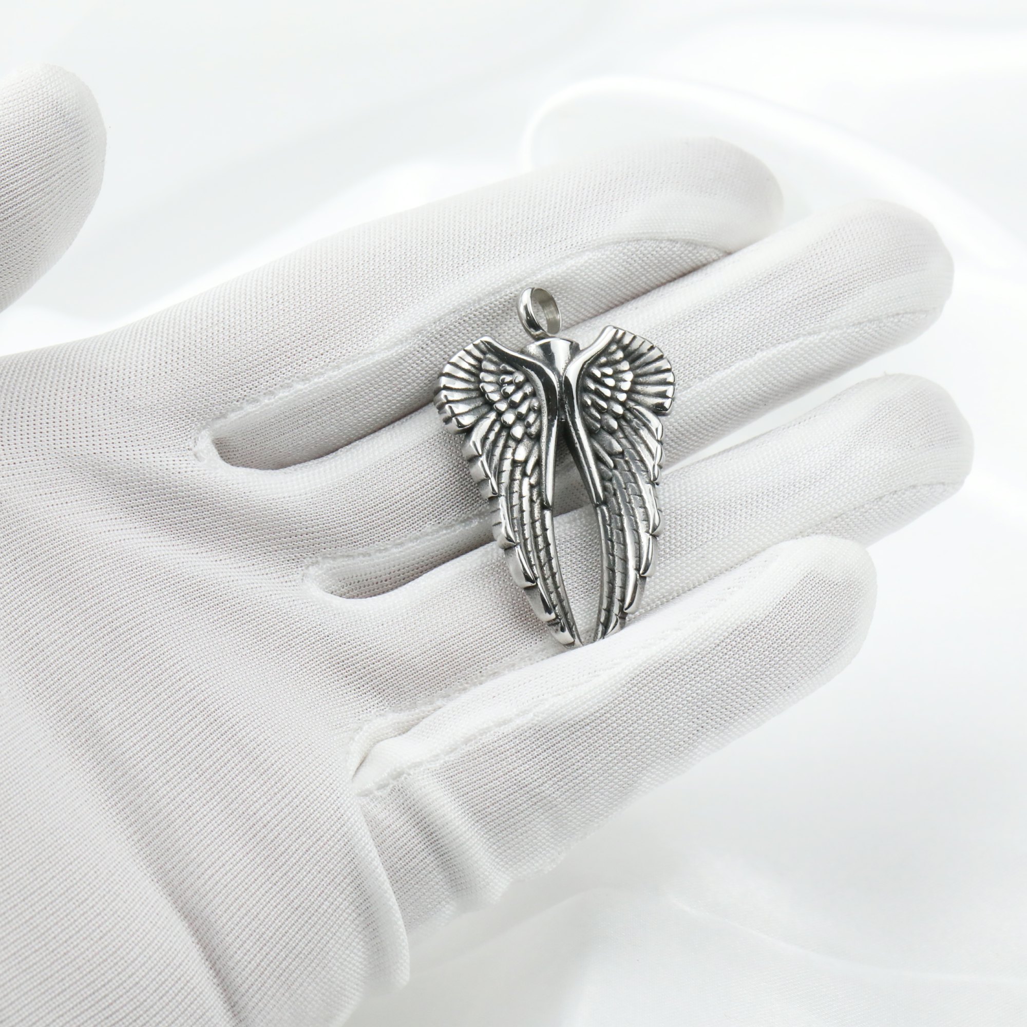 Keepsake Ash Canister Cremation Urn Set Antiqued Silver Angel Wings Stainless Steel Wish Vial Pendant Prayer Box 27x40MM 1190051 - Click Image to Close
