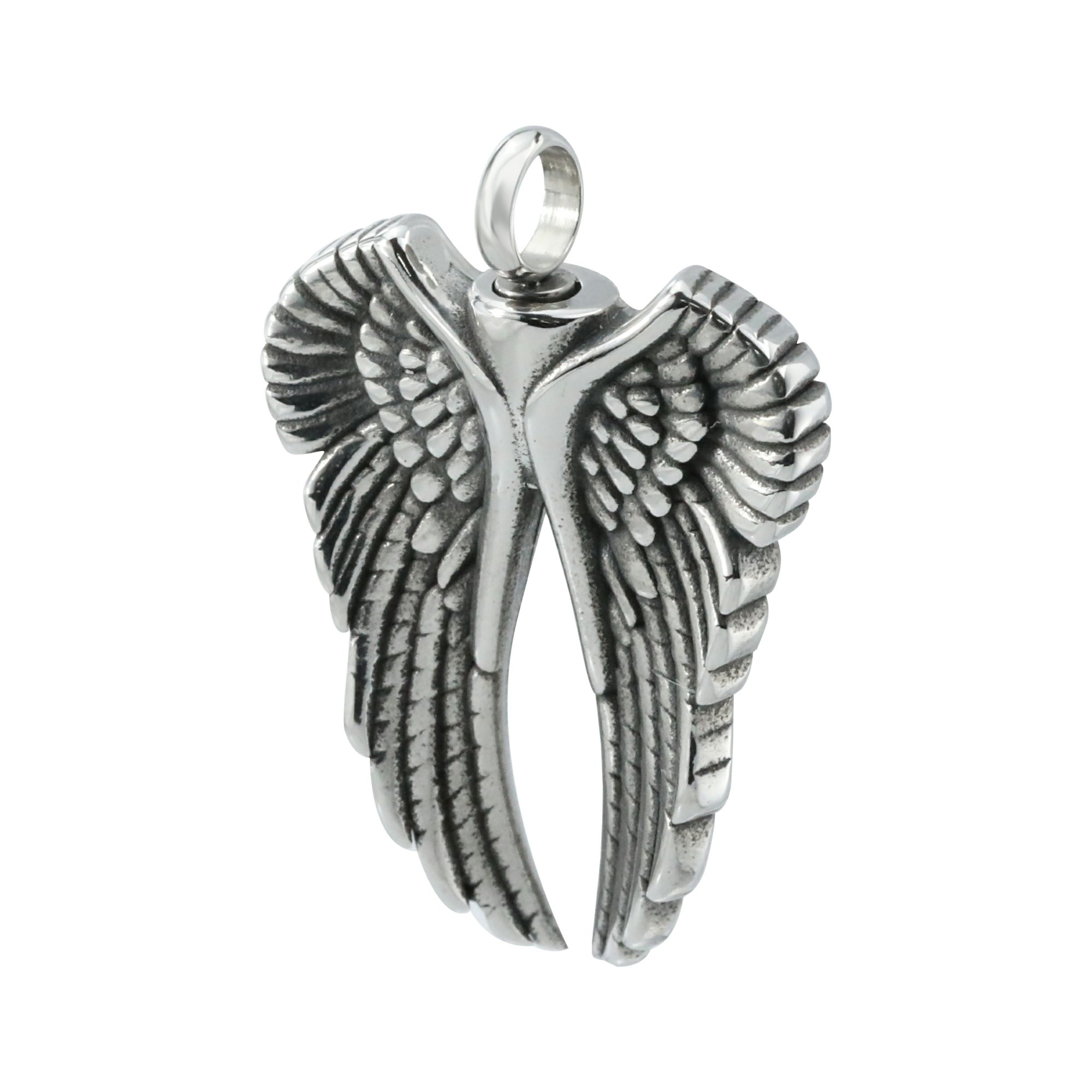 Keepsake Ash Canister Cremation Urn Set Antiqued Silver Angel Wings Stainless Steel Wish Vial Pendant Prayer Box 27x40MM 1190051 - Click Image to Close