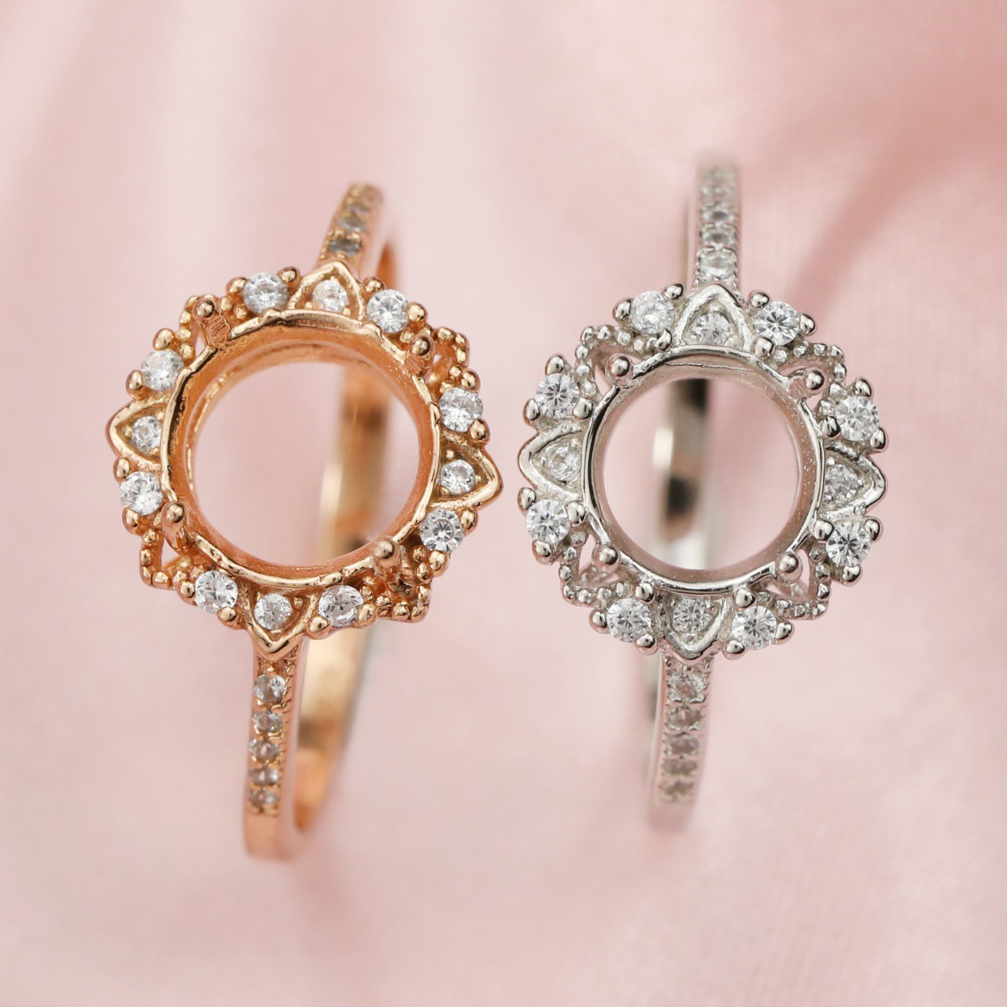 Keepsake Breast Milk Round Halo Prongs Ring Settings Resin Solid 14K Gold with Moissanite Accents DIY Flower Ring Blank Band 1210051-1