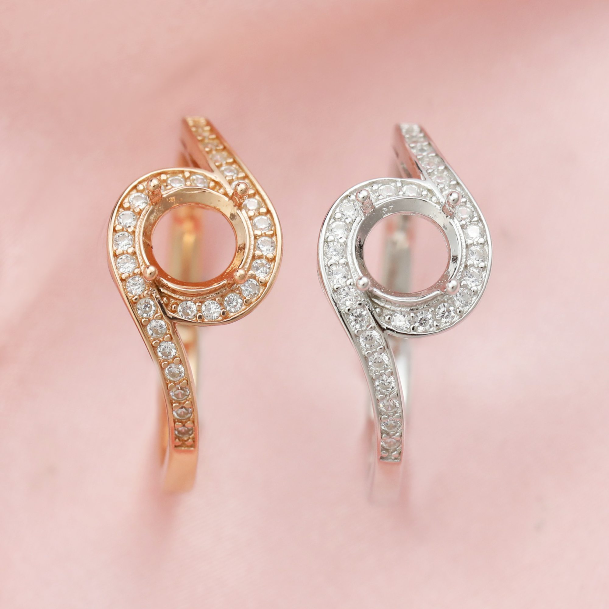 Round Prong Ring Settings Solid 14K 18K Gold Bypass Shank Moissanite Accents DIY Memory Ring Bezel 1210055-1