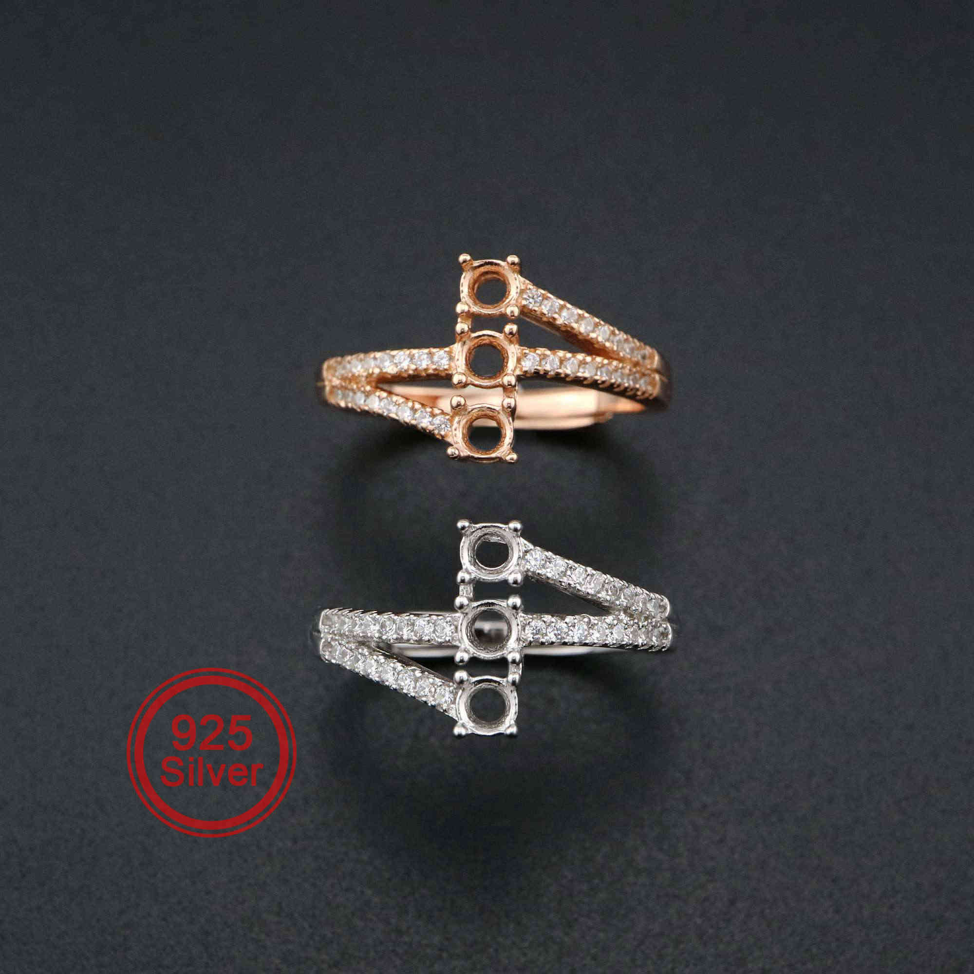 1Pcs 3MM Round Three Stones Rose Gold Plated Solid 925 Sterling Silver DIY Adjustable Prong Ring Settings Blank 1210061