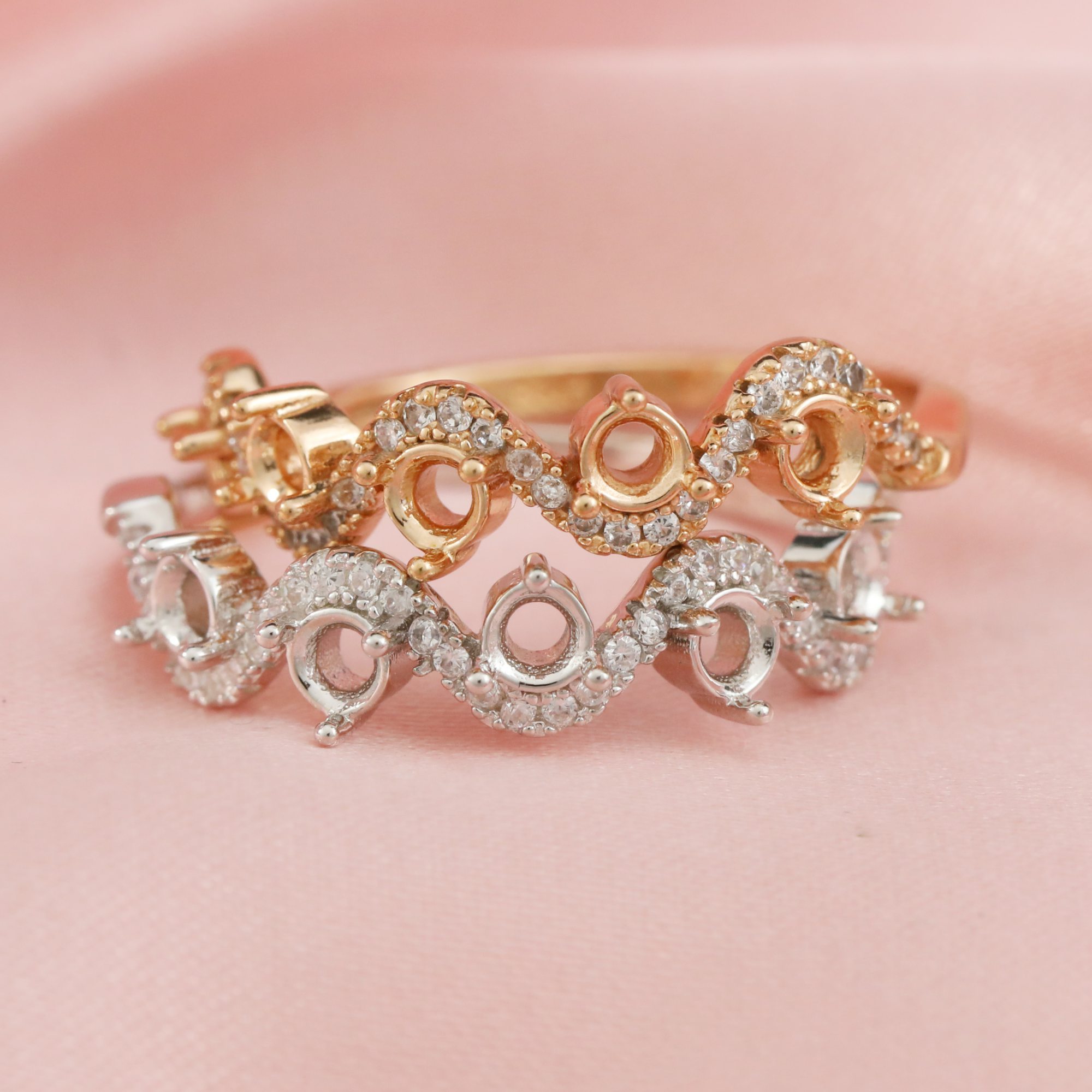 3MM Round Prong Ring Settings 5 Stones Solid 14K/18K Gold Ring with Moissanite Accents DIY Gemstone Ring Bezel 1210063-1