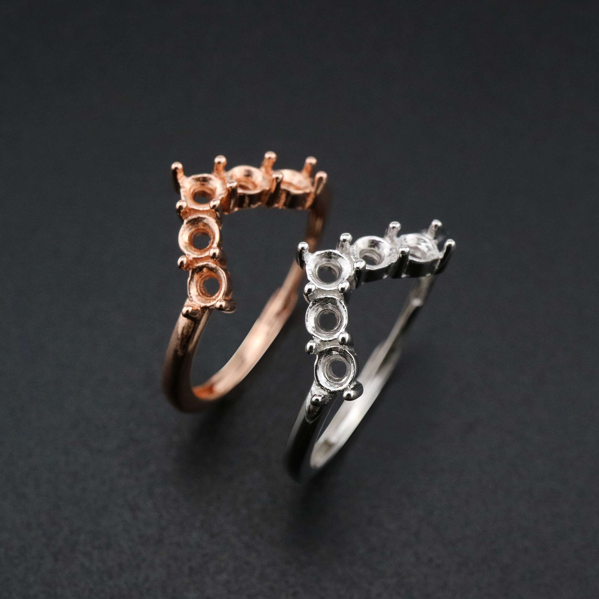 1Pcs 3MM Round Curve 5 Stones Rose Gold Plated Solid 925 Sterling Silver DIY Stackable Adjustable Prong Ring Settings Blank for Gemstone 1210067 - Click Image to Close