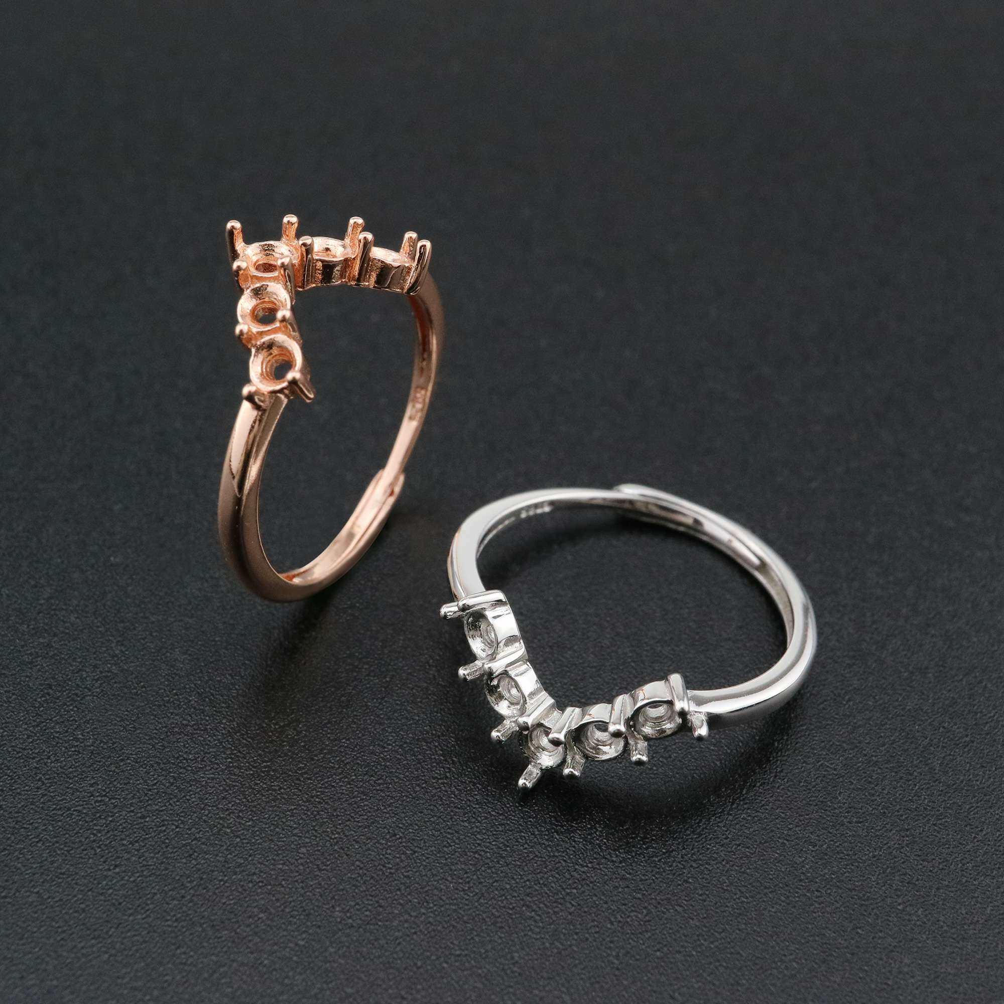 1Pcs 3MM Round Curve 5 Stones Rose Gold Plated Solid 925 Sterling Silver DIY Stackable Adjustable Prong Ring Settings Blank for Gemstone 1210067 - Click Image to Close