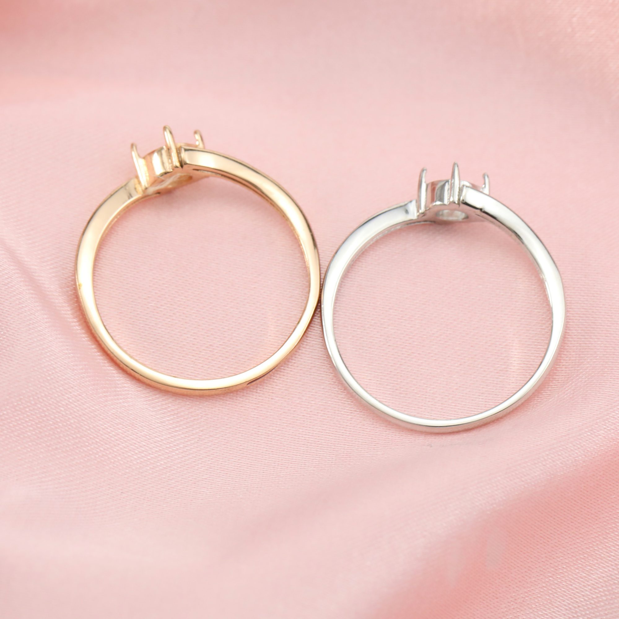 Round Prong Ring Settings Solid 14K Rose White Gold Bypass Shank DIY Bezel Tray for Diamond Gemstones 1210069-1