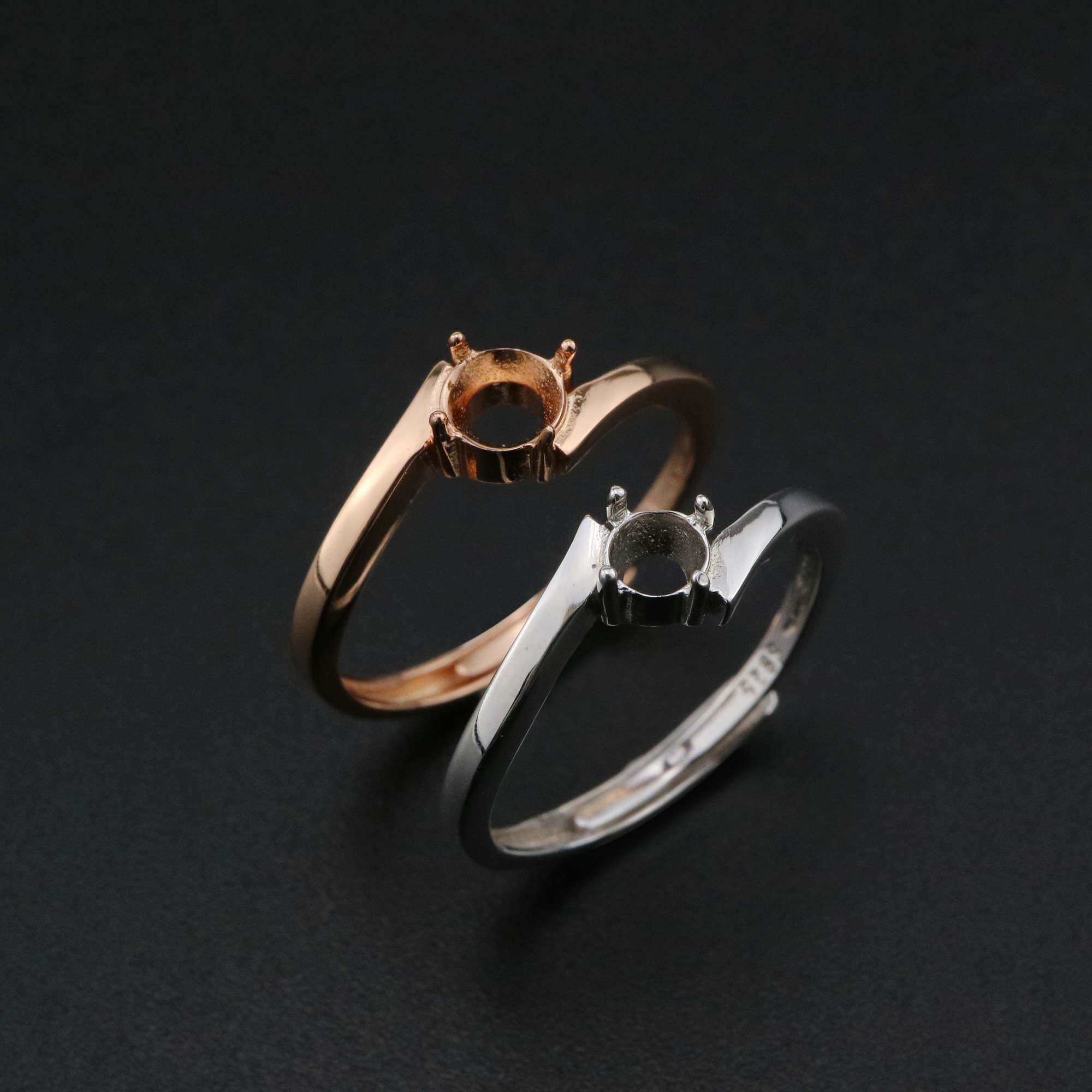 1Pcs 3-5MM Round Bezel Simple Bypass Shank Rose Gold Plated Solid 925 Sterling Silver Adjustable Prong Ring Settings for Gemstone 1210069 - Click Image to Close