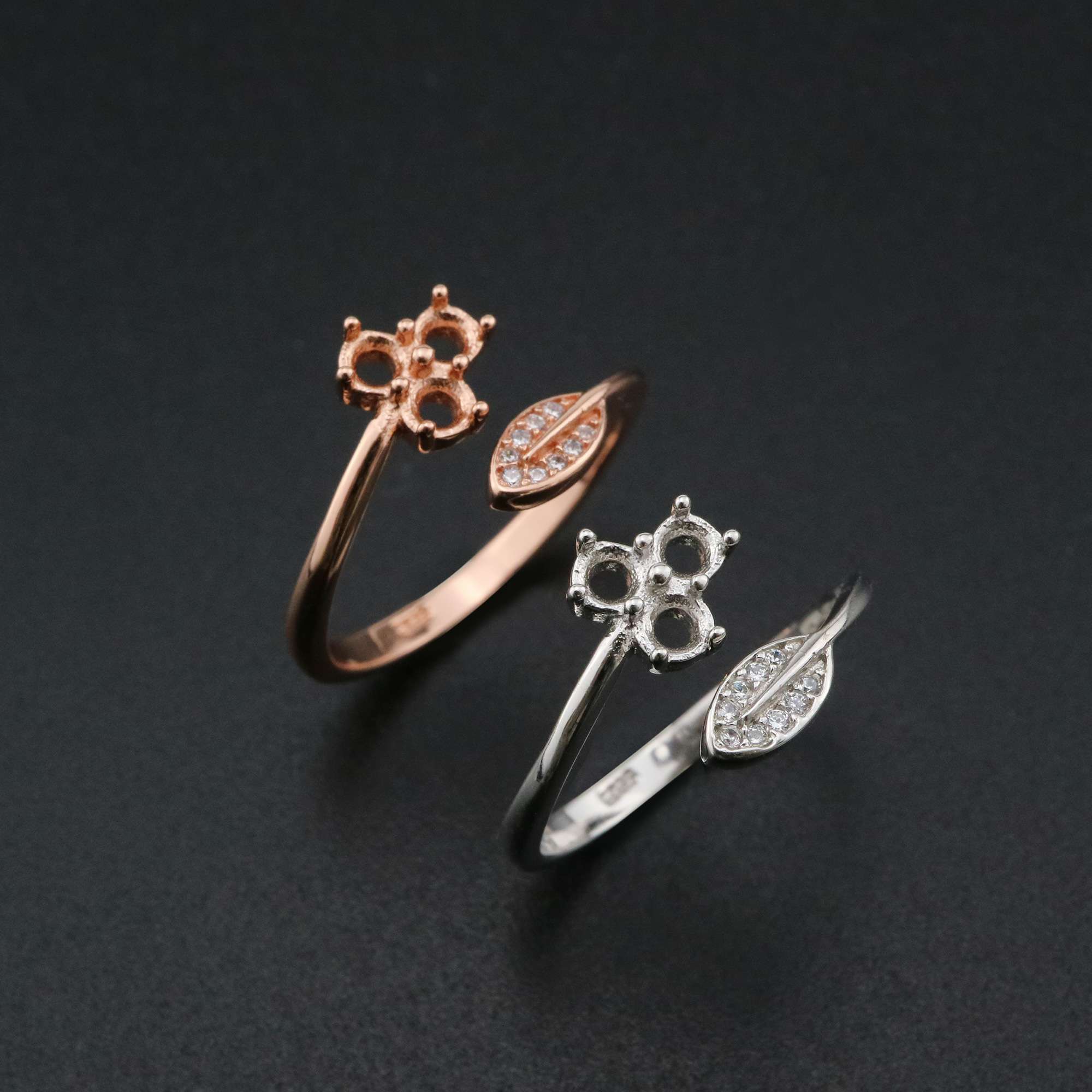 1Pcs 3MM Round 3 Stones Flower Leaf Rose Gold Plated Solid 925 Sterling Silver Adjustable Prong Ring Settings Blank for Gemstone 1210070 - Click Image to Close