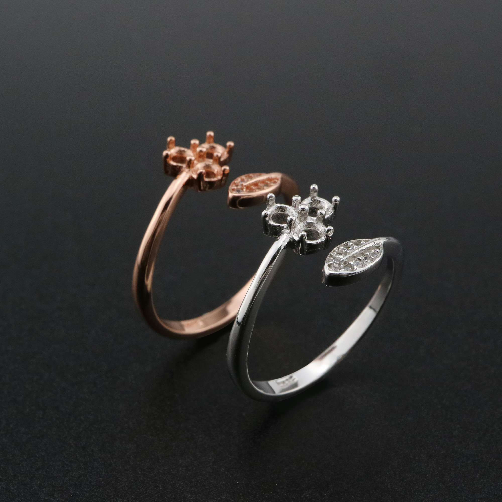 1Pcs 3MM Round 3 Stones Flower Leaf Rose Gold Plated Solid 925 Sterling Silver Adjustable Prong Ring Settings Blank for Gemstone 1210070 - Click Image to Close