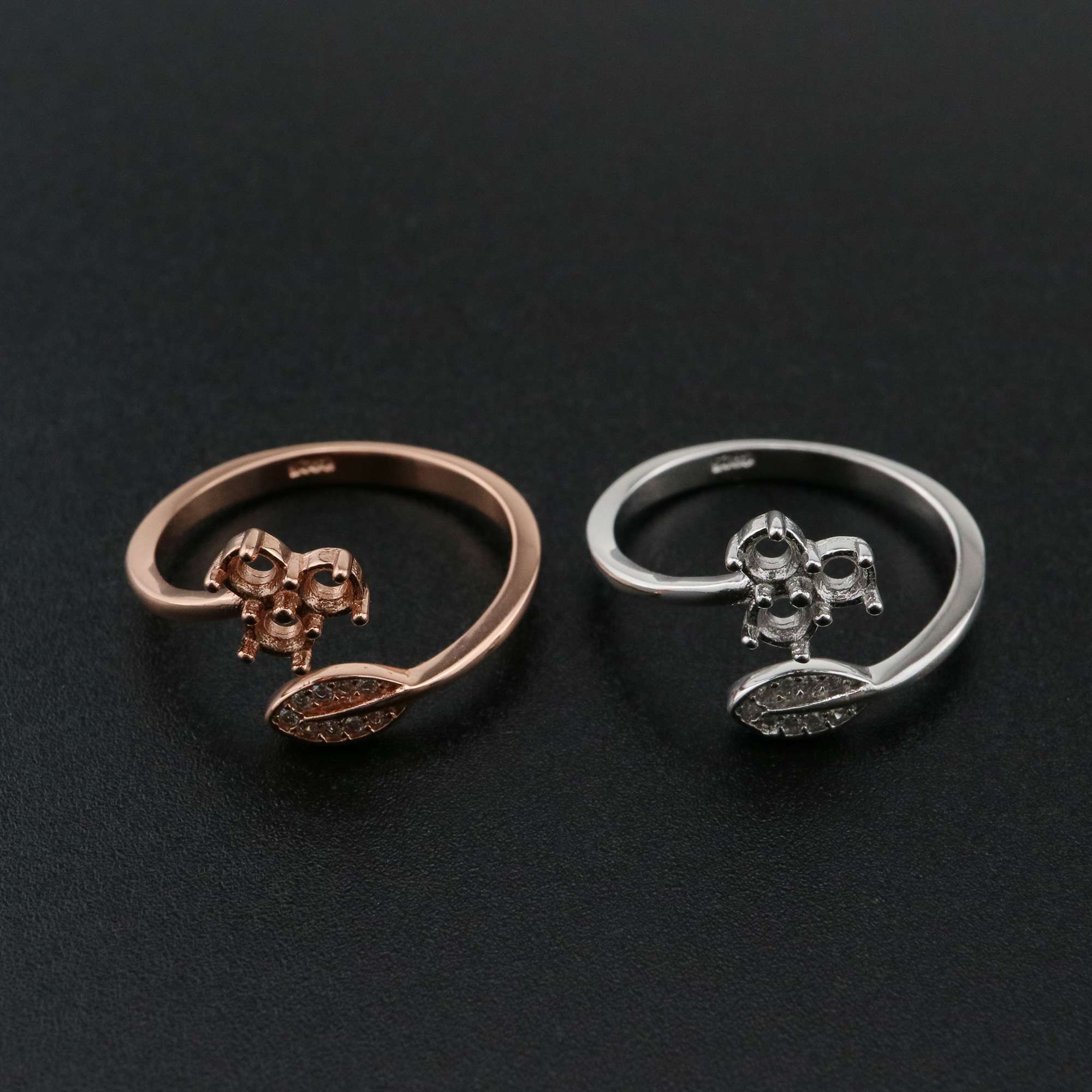 1Pcs 3MM Round 3 Stones Flower Leaf Rose Gold Plated Solid 925 Sterling Silver Adjustable Prong Ring Settings Blank for Gemstone 1210070 - Click Image to Close