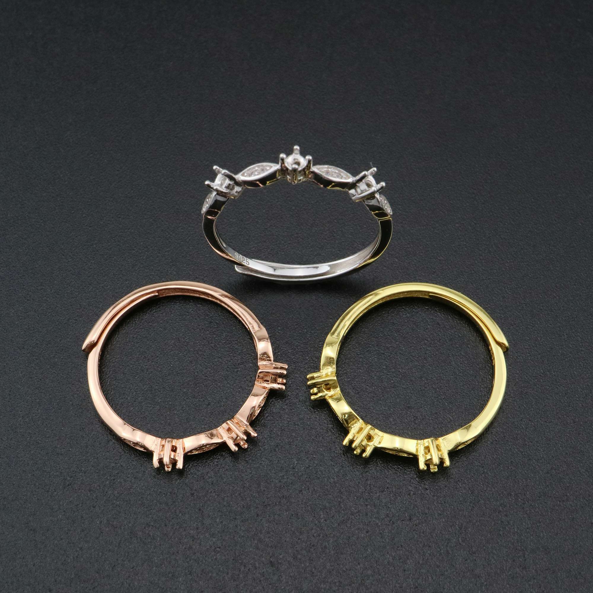 1Pcs 2MM Round Bezel 3 Stones Vintage Style Rose Gold Plated Solid 925 Sterling Silver Adjustable Prong Ring Settings Blank for Gemstone 1210071 - Click Image to Close