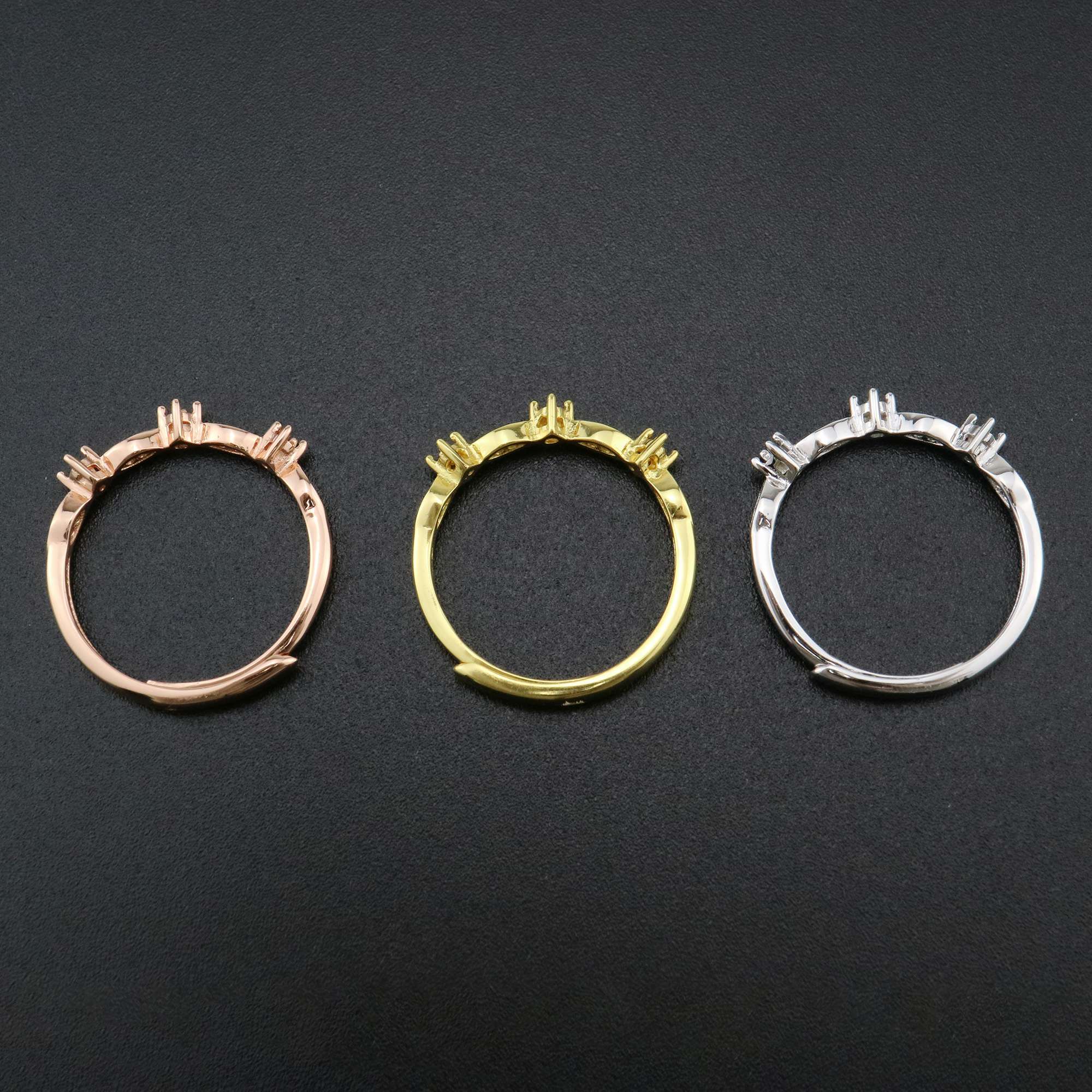 1Pcs 2MM Round Bezel 3 Stones Vintage Style Rose Gold Plated Solid 925 Sterling Silver Adjustable Prong Ring Settings Blank for Gemstone 1210071 - Click Image to Close