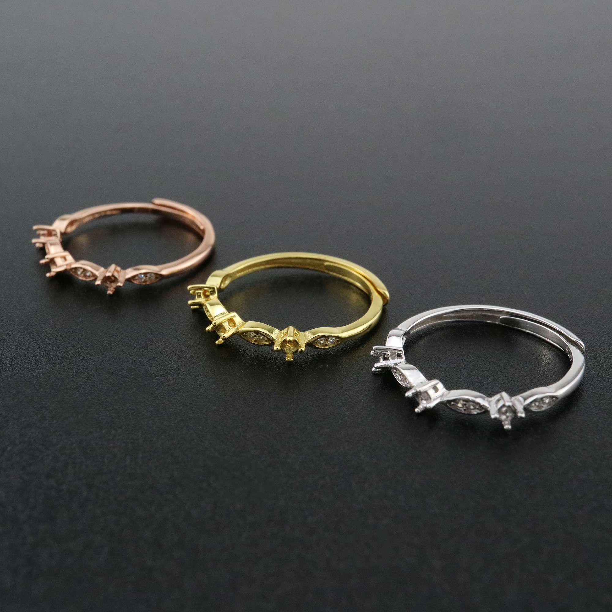 1Pcs 2MM Round Bezel 3 Stones Vintage Style Rose Gold Plated Solid 925 Sterling Silver Adjustable Prong Ring Settings Blank for Gemstone 1210071 - Click Image to Close