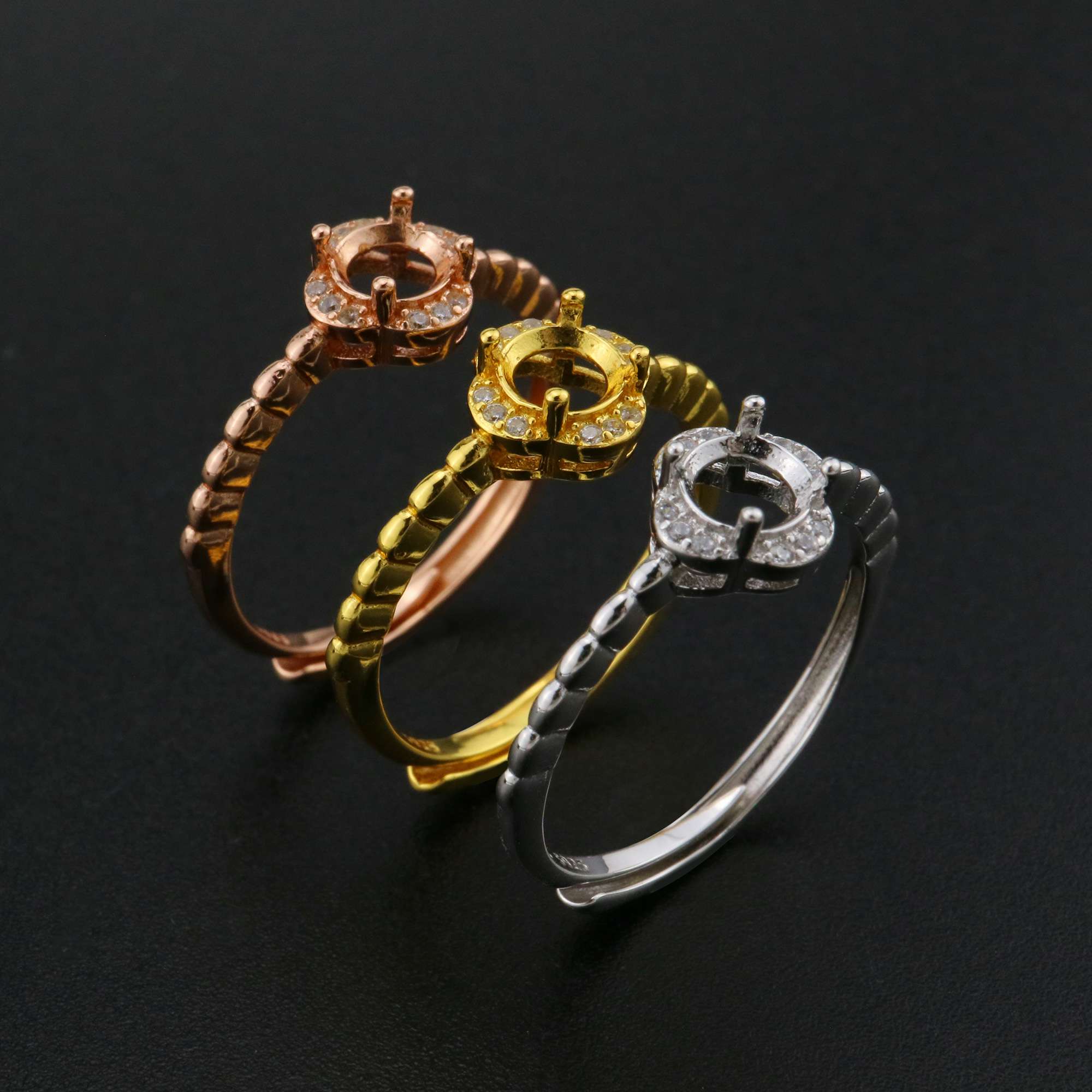 5MM Round Prong Ring Settings Flower Solid 925 Sterling Silver Rose Gold Plated DIY Adjustable Ring Bezel for Gemstone 1210087 - Click Image to Close