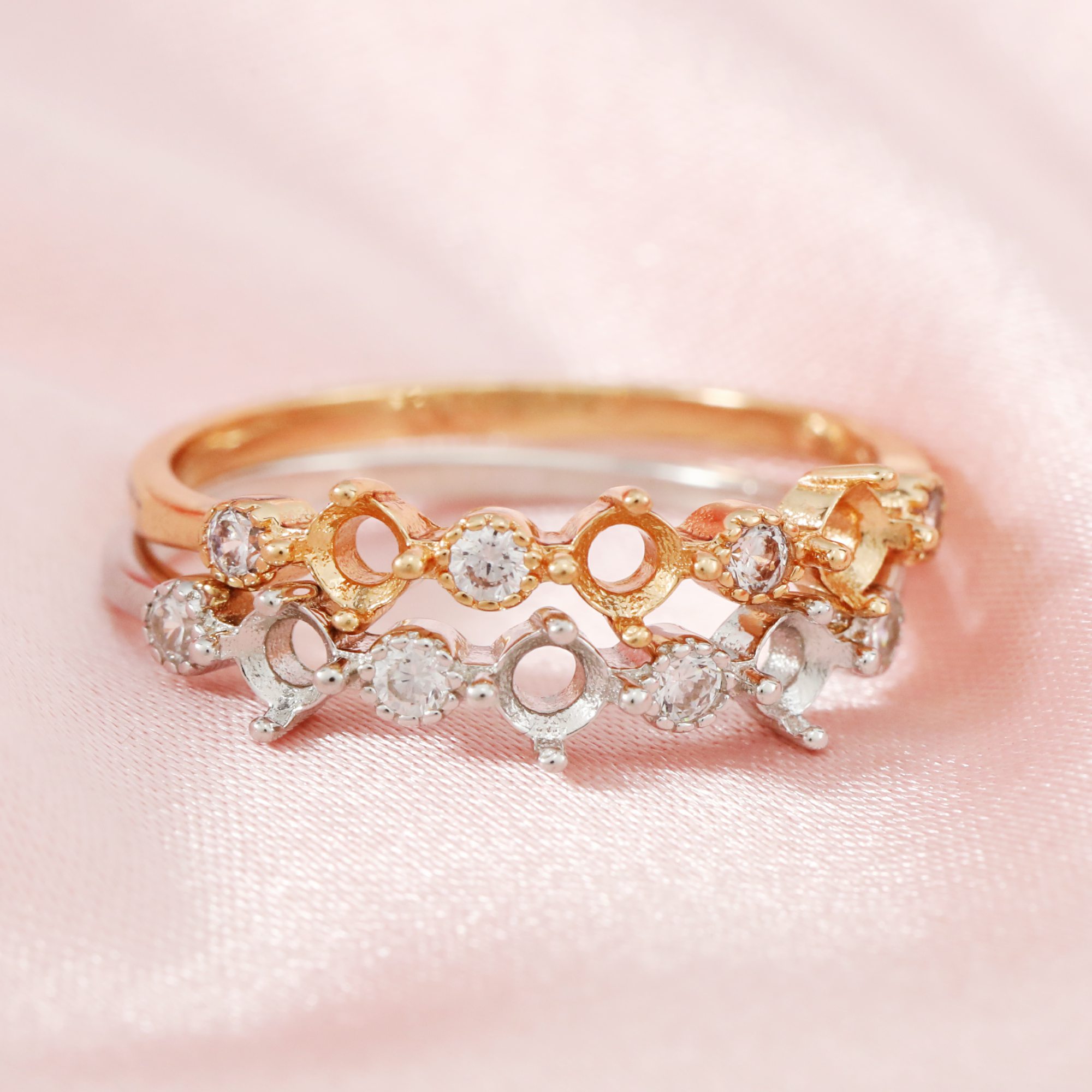 3MM Round Prong Ring Setttings Three Stones Solid 14K 18K Gold DIY Mothers' Ring Blank Wedding Band for Gemstone 1210096-1