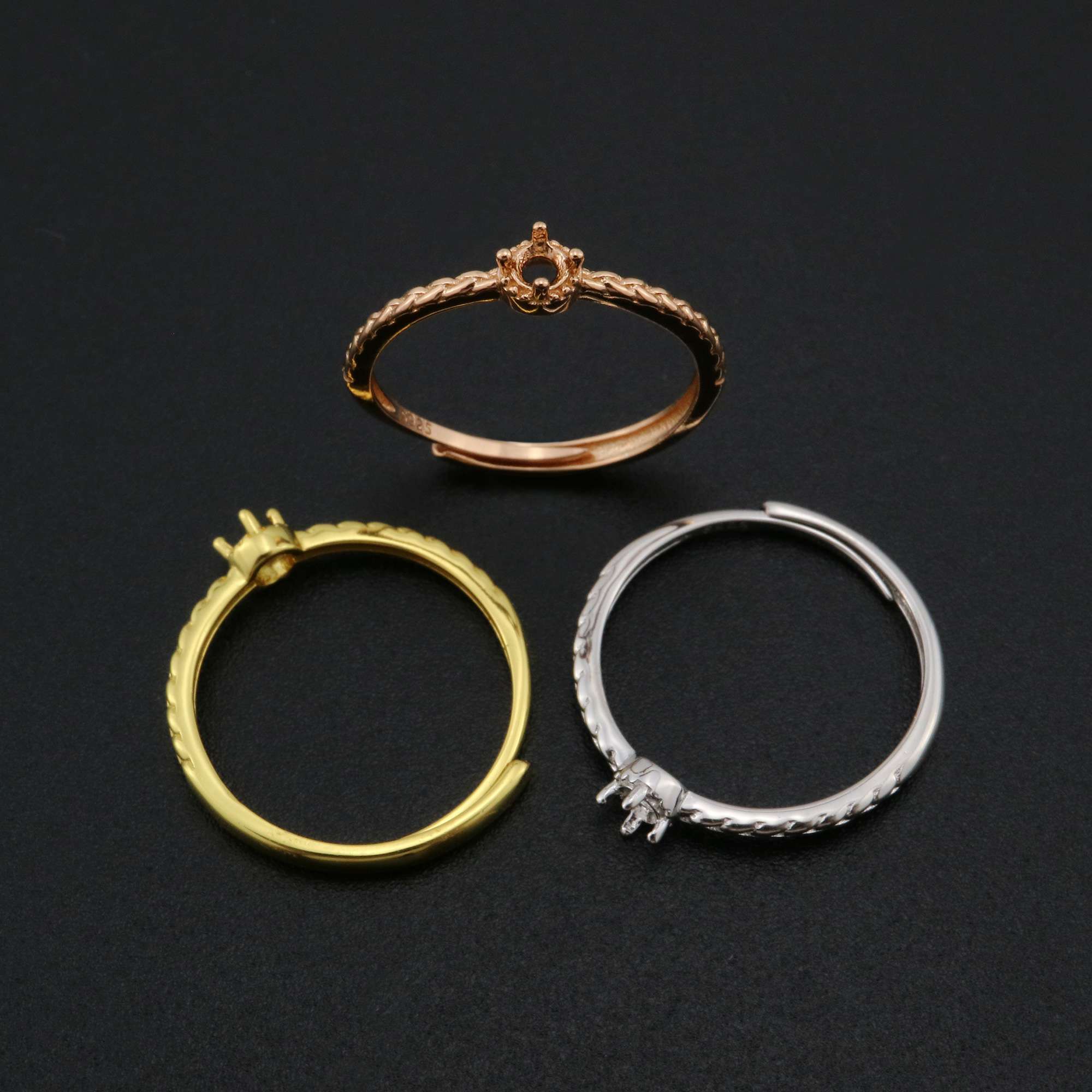 3MM Round Prong Ring Settings Twisted Band Solid 925 Sterling Silver Rose Gold Plated DIY Set Size Adjustable Ring Bezel for Gemstone 1210097 - Click Image to Close