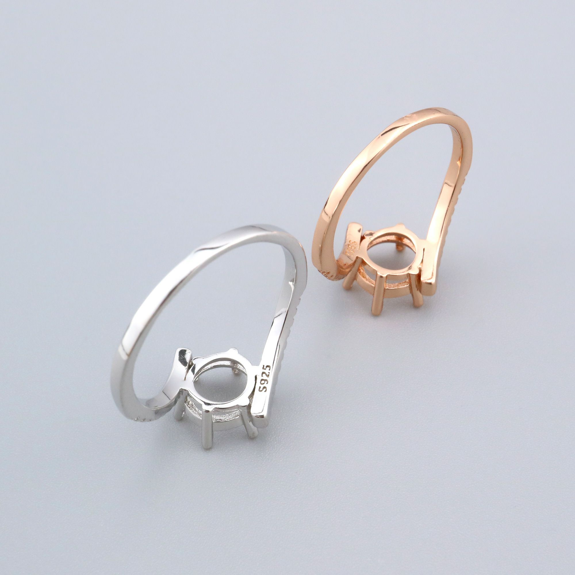 8MM Round Prong Ring Settings Bypass Shank Solid 925 Sterling Silver Rose Gold Plated Set Size DIY Ring Bezel for Gemstone Supplies 1210102 - Click Image to Close