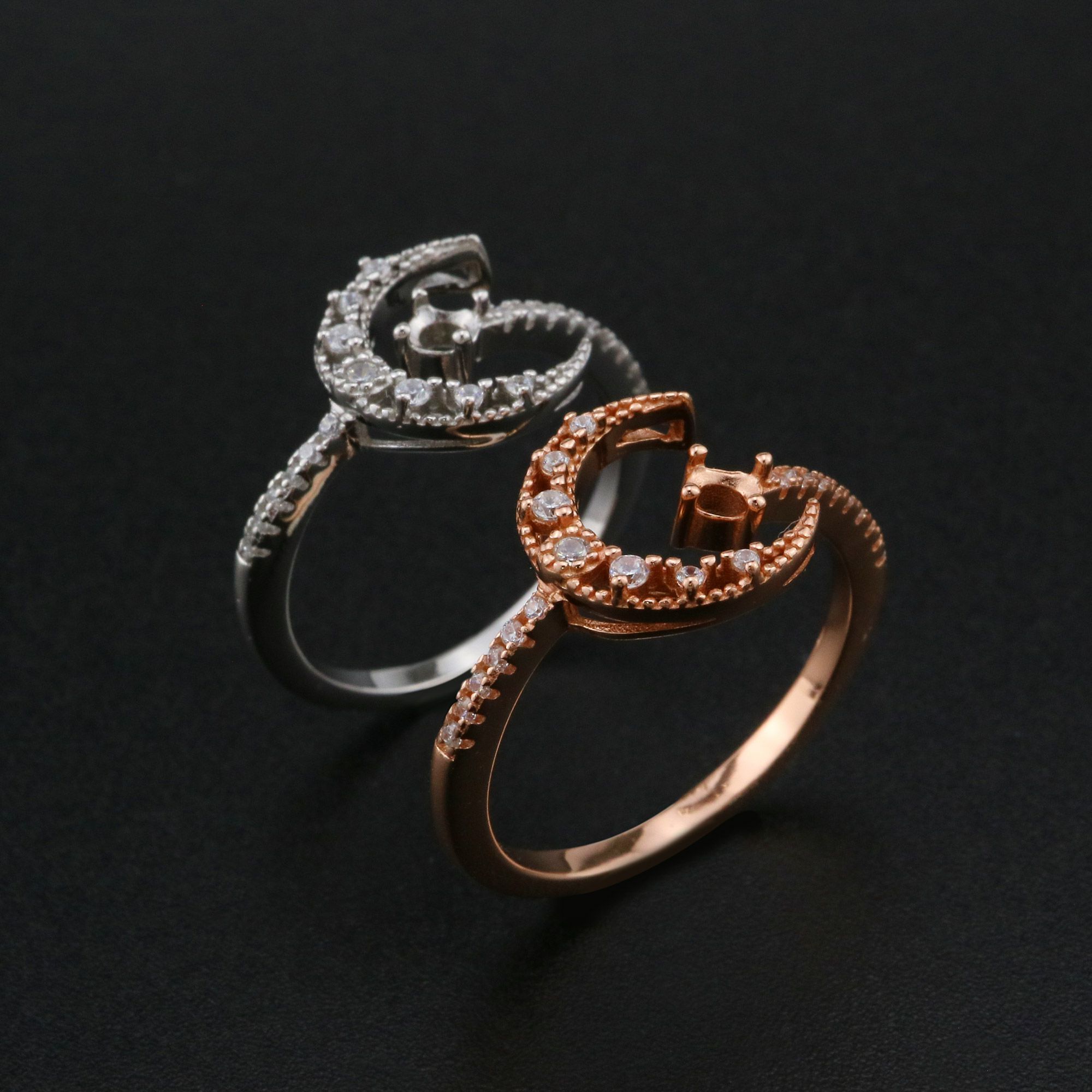 3MM Round Prong Ring Settings Moon Star Rose Gold Plated Solid 925 Sterling Silver Adjustable DIY Ring Bezel 1210106 - Click Image to Close