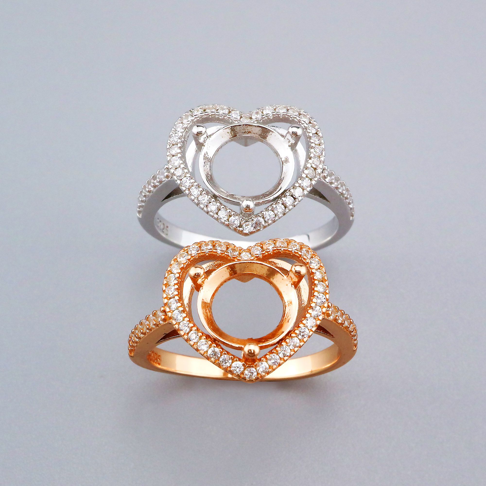 8MM Round Prong Ring Settings Heart Halo Rose Gold Plated Solid 925 Sterling Silver Set Size Ring Bezel 1210110 - Click Image to Close