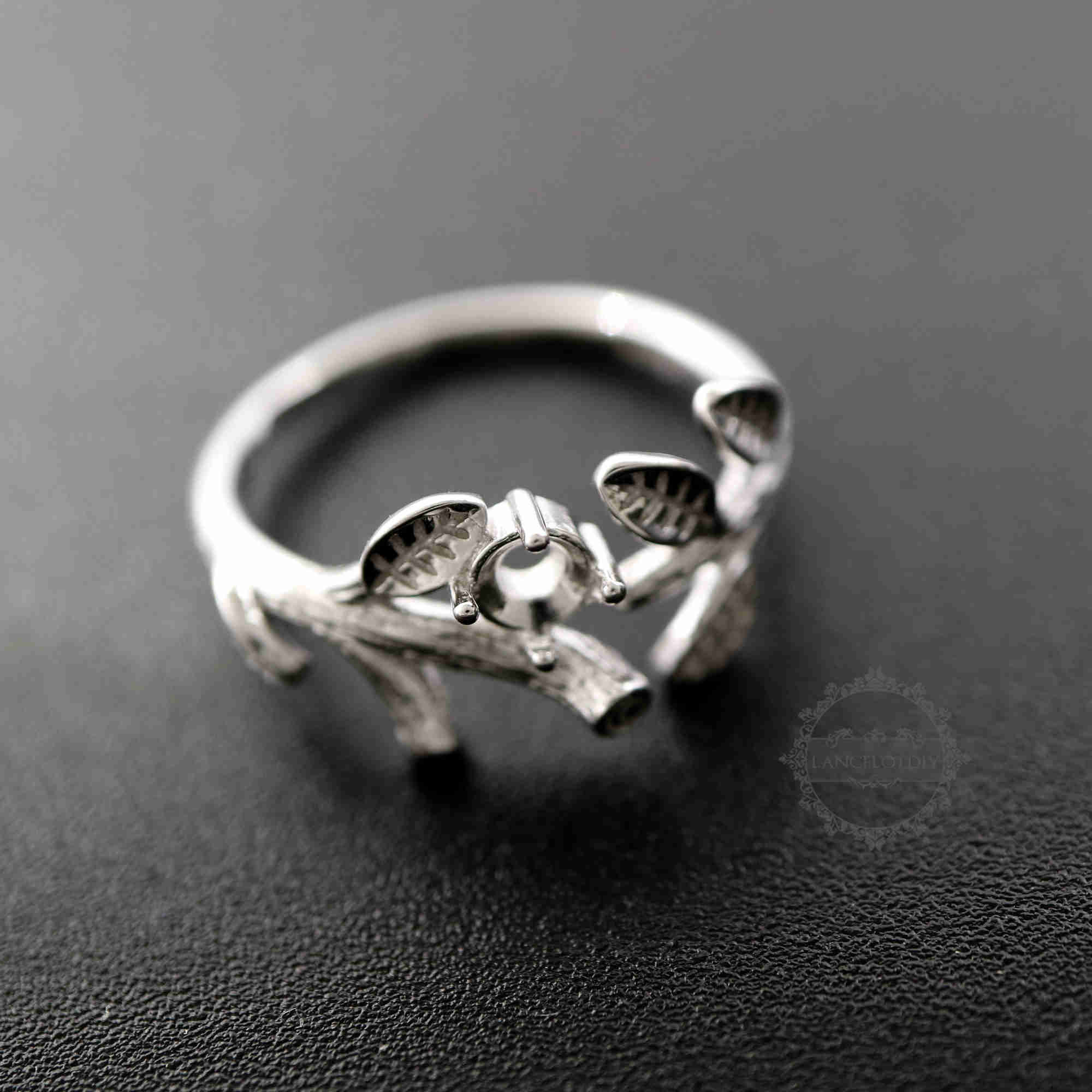 1Pcs 4MM Round Cz Stone Prong Setting Tree Branch Leaf 925 Sterling Silver Bezel Tray Adjustable Ring Settings 1212037 - Click Image to Close