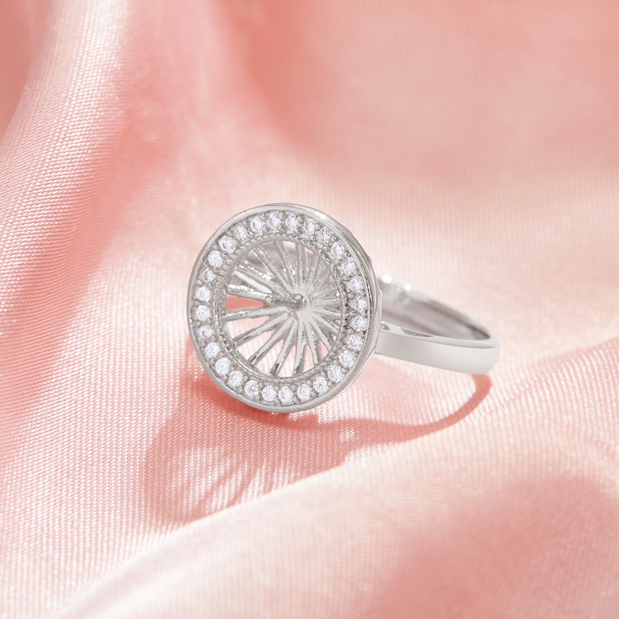 Round Pin Ring Settings For Half Drilled Pearl Bead,Solid 925 Sterling Silver Ring For Half Drilled Beads,Art Deco Round Ring,DIY Ring Supplies 1212133