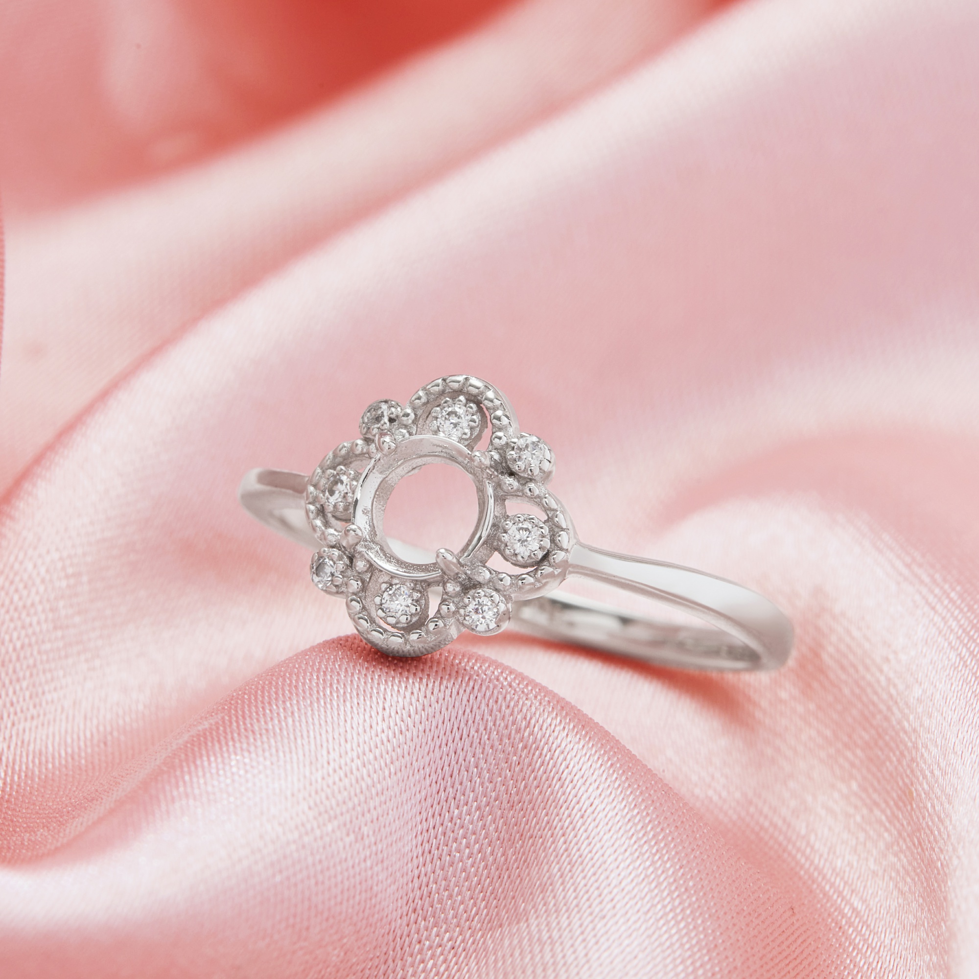 4MM Round Prong Ring Settings, Flower Solid 14K 18K Gold Ring,Vintage Styles Flower Ring,DIY Ring Supplies For Gemstone 1212137 - Click Image to Close