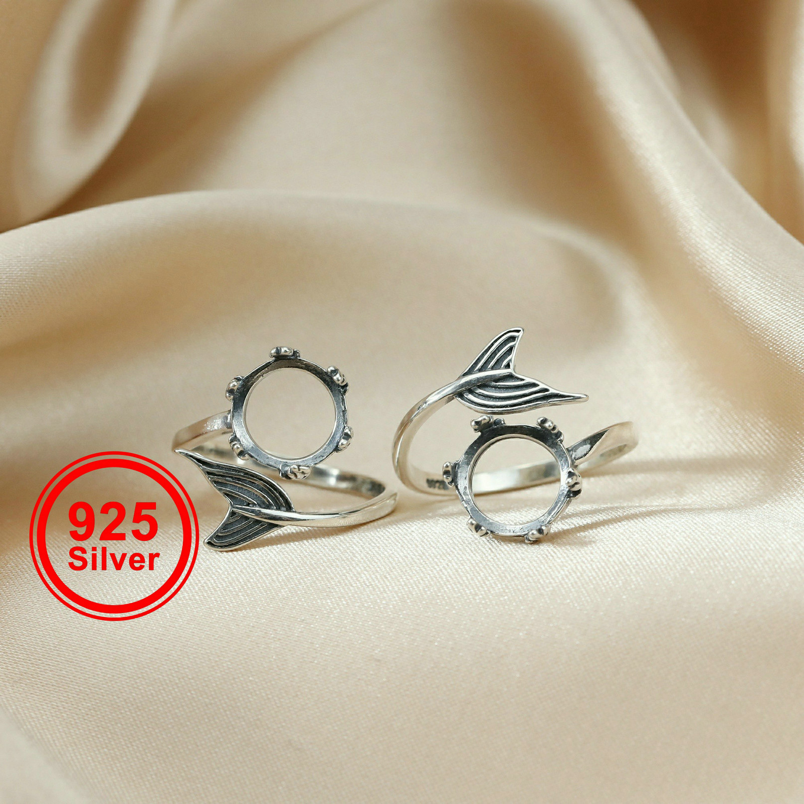 1Pcs 10MM Round Crown Bezel Mermaid Tail Antiqued Solid 925 Sterling Silver Adjustable Ring Settings Supplies 1213043