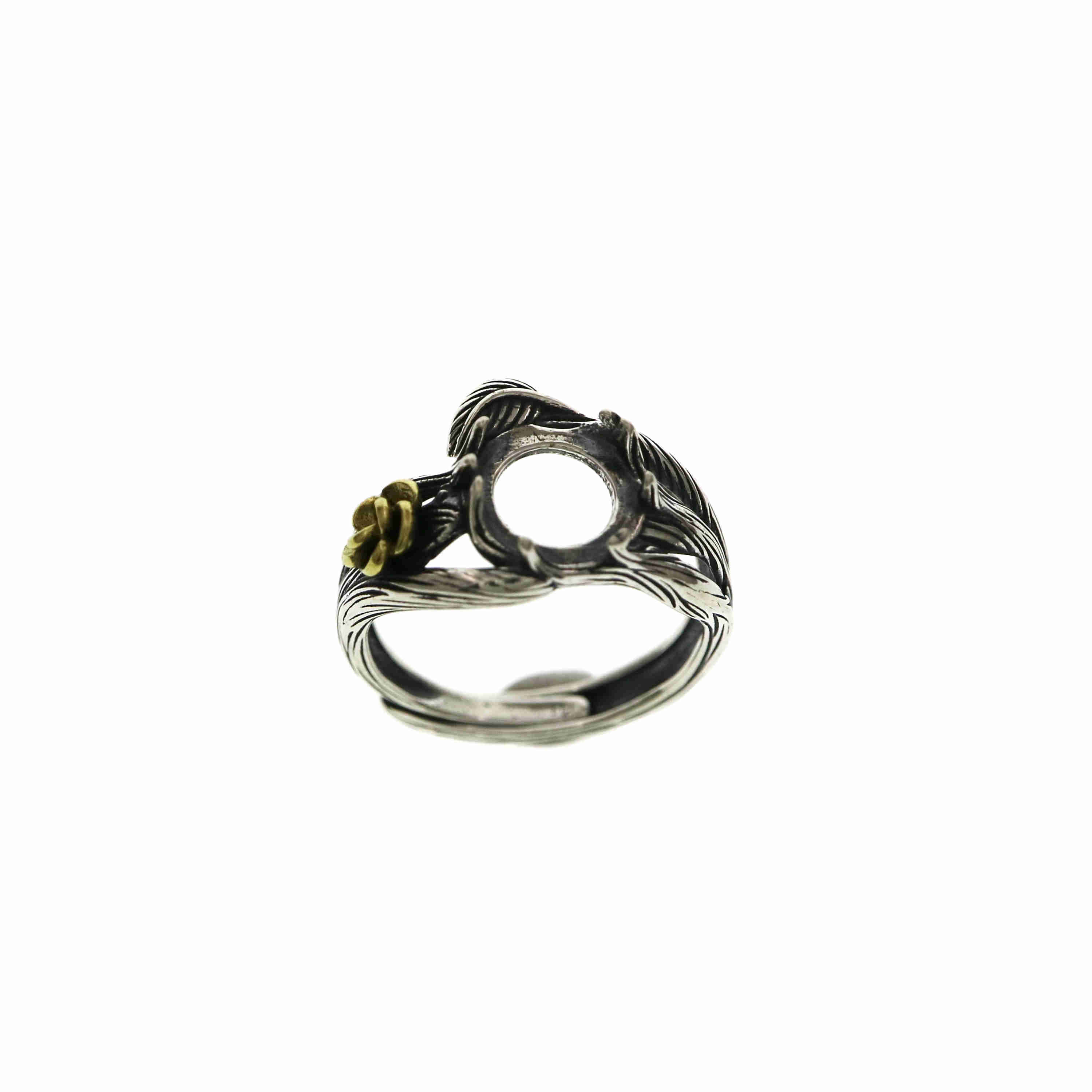 1Pcs 8MM Vintage Style Brass Flower Branch Round Cabochon Bezel Antiqued Solid 925 Sterling Silver Adjustable Ring Settings 1213050 - Click Image to Close