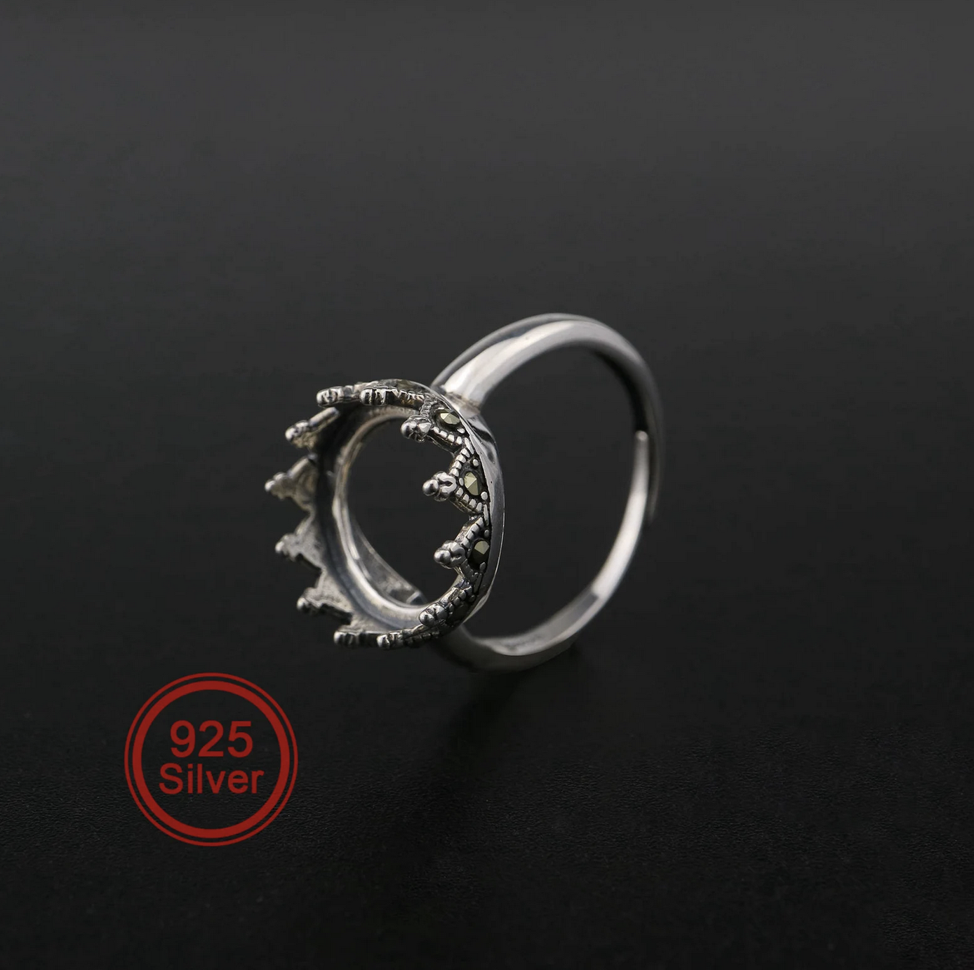 1Pcs 12MM Round Crown Bezel Solid 925 Sterling Silver Antiqued Style Ring Settings DIY Cabochon Tray Jewelry 1213061