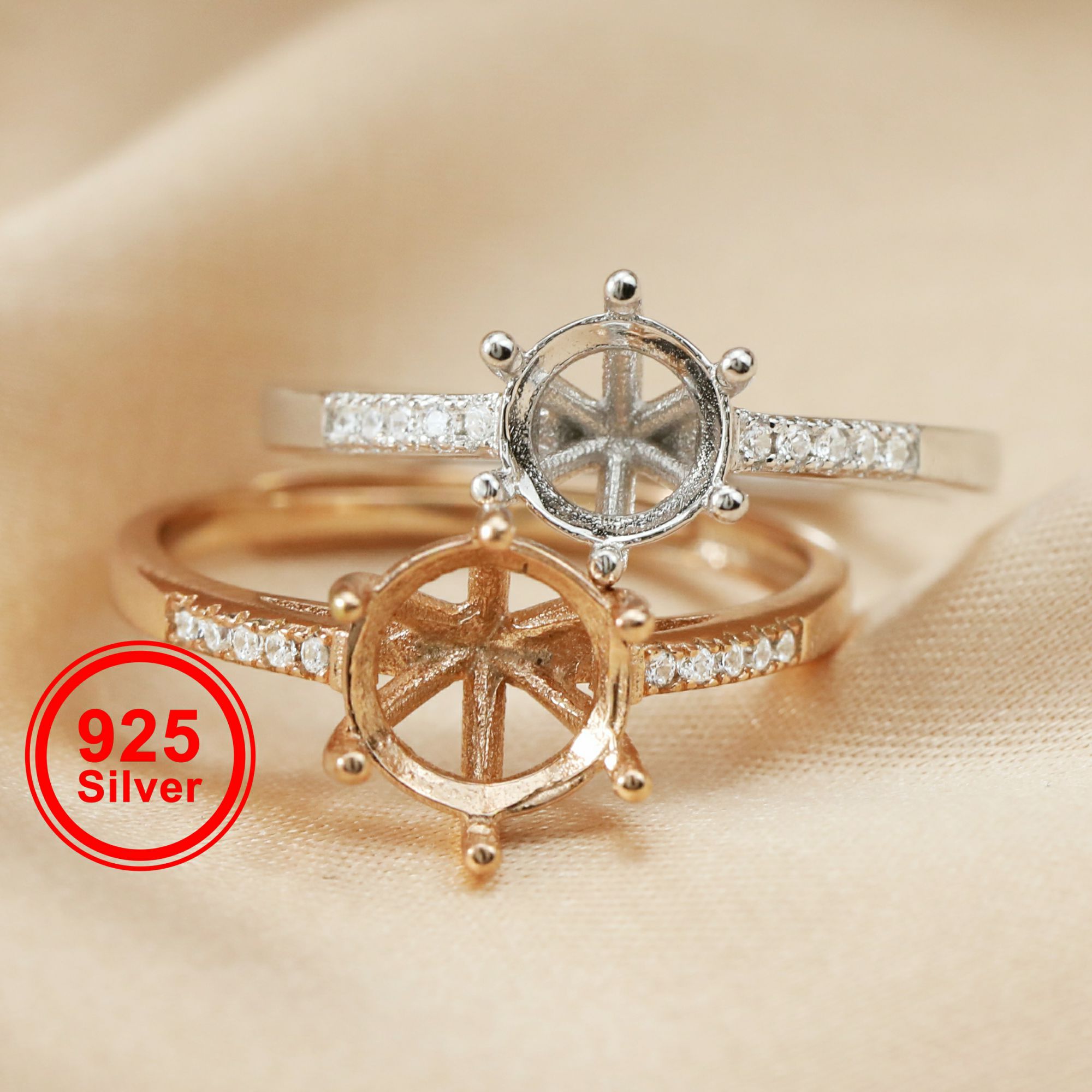 1Pcs 6.5-9MM DIY Round Cz Stone Claw Prong Setting 925 Sterling Silver Bezel Tray Adjustable Ring Settings 1214012